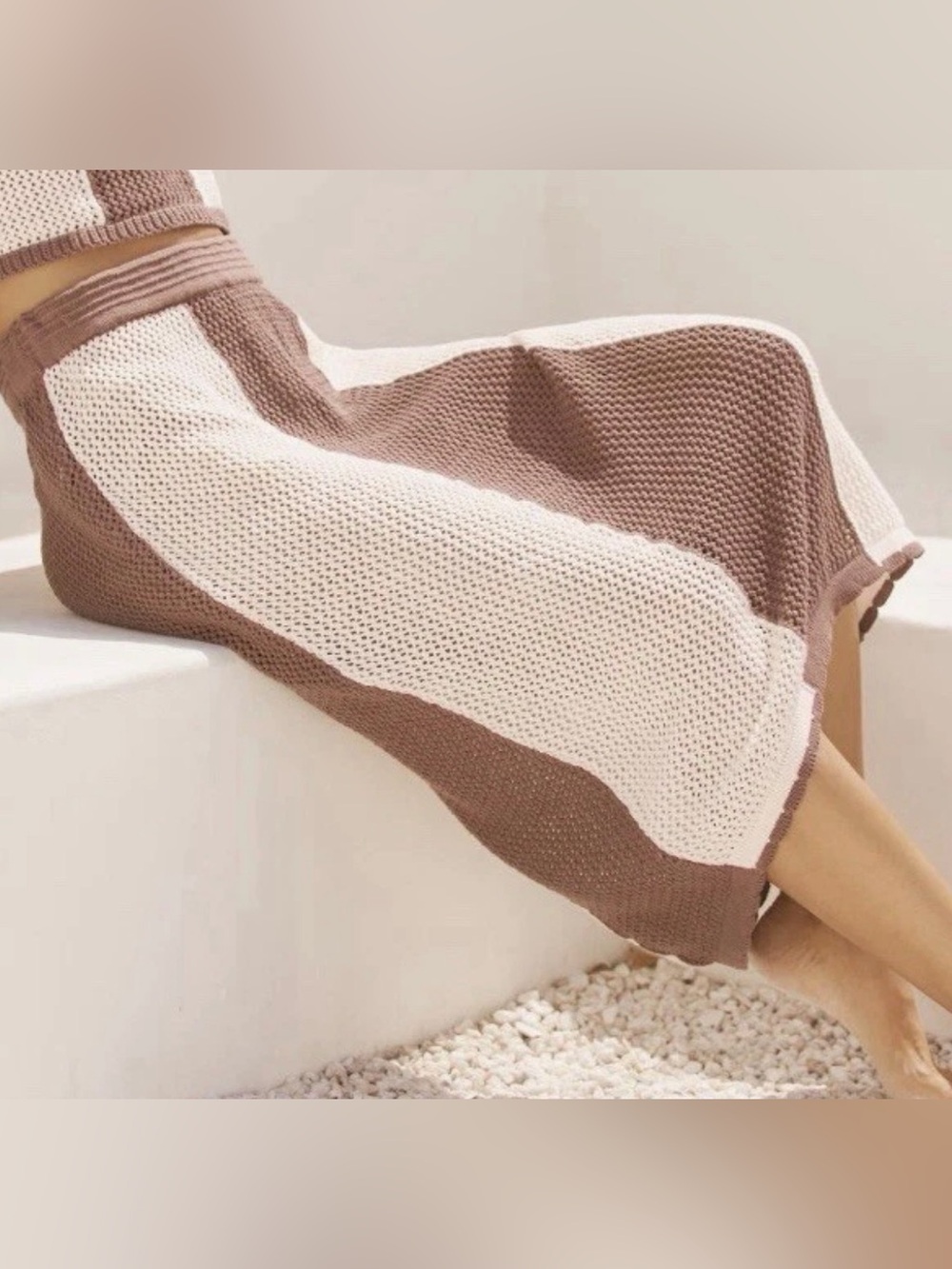 Anthropologies Mahila Two-Tone Crochet Knit Midi Skirt in Brown+Cream coverup M - Picture 2 of 6
